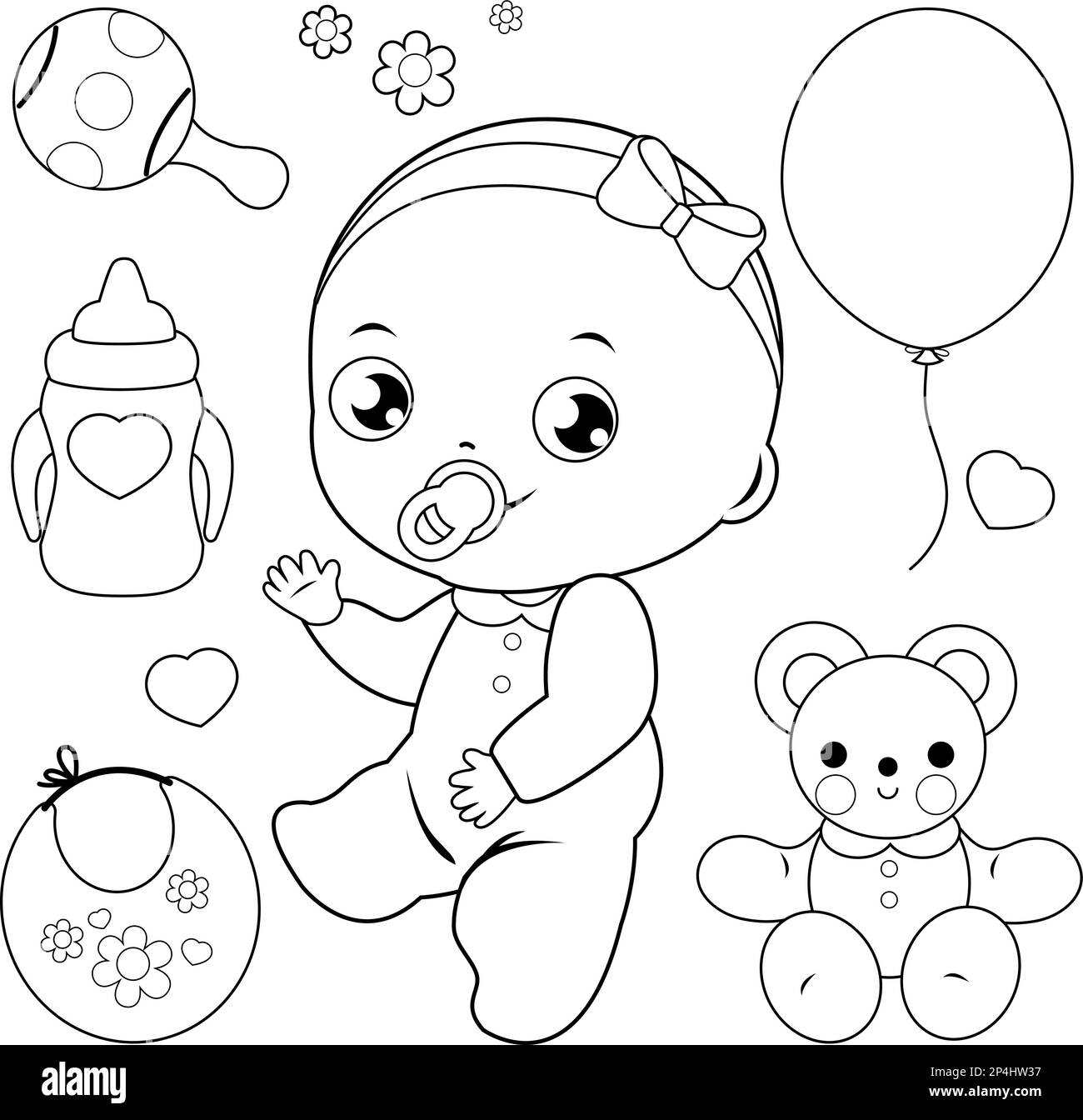 Baby girl set vector black and white coloring page stock vector image art