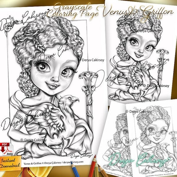 Venus and griffon premium coloring page grayscale mythological big eyed character illustration printable instant download darklightframed