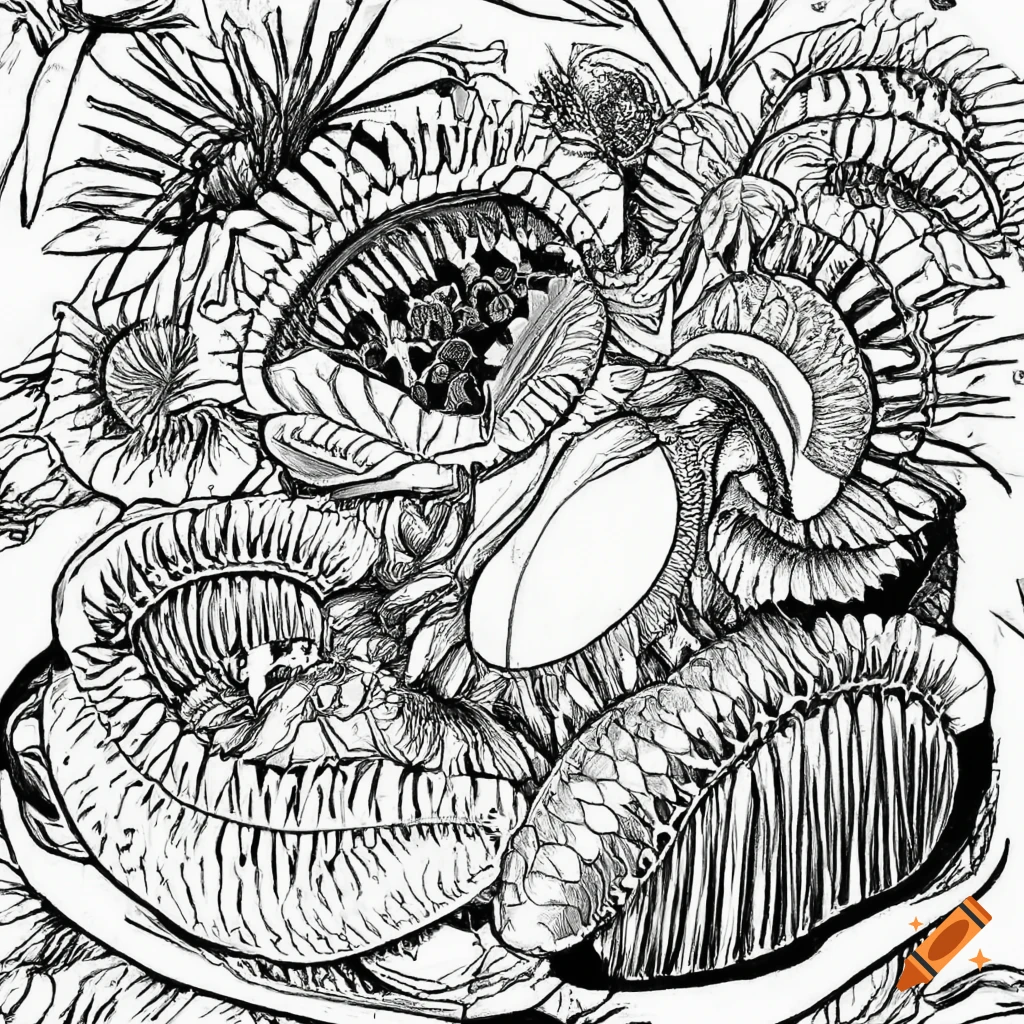 Giant venus fly trap black and white line drawing coloring page on