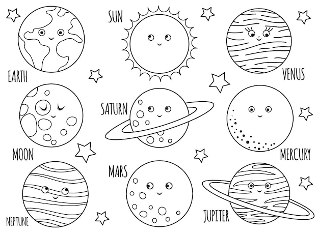 Premium vector vector black and white planets set for children outline illustration of smiling earth sun moon venus mars jupiter mercury saturn neptune space coloring page for kidsxa