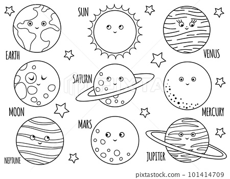 Vector black and white planets set for