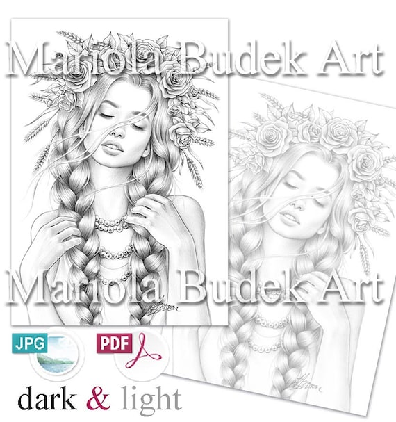 Harvest mariola budek premium coloring page printable adult women flowers colouring pages book download grayscale illustration pdf download now