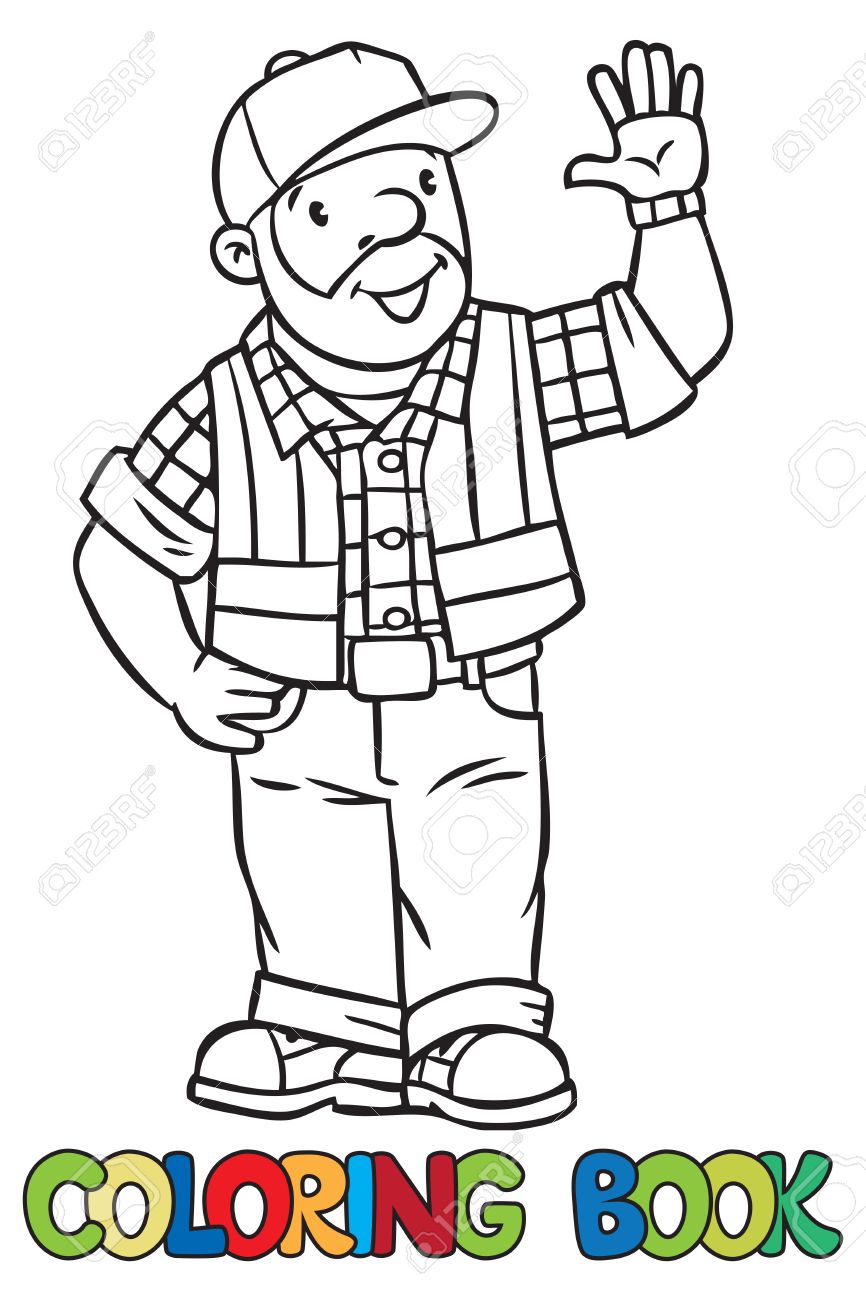 Coloring picture or coloring book of funny driver or worker a man dressed in a plaid shirt vest with reflective stripes and jeans profession series childrens vector illustration royalty free svg cliparts