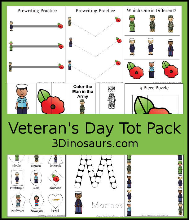 Free veterans day pack for tot preschool kindergarten dinosaurs