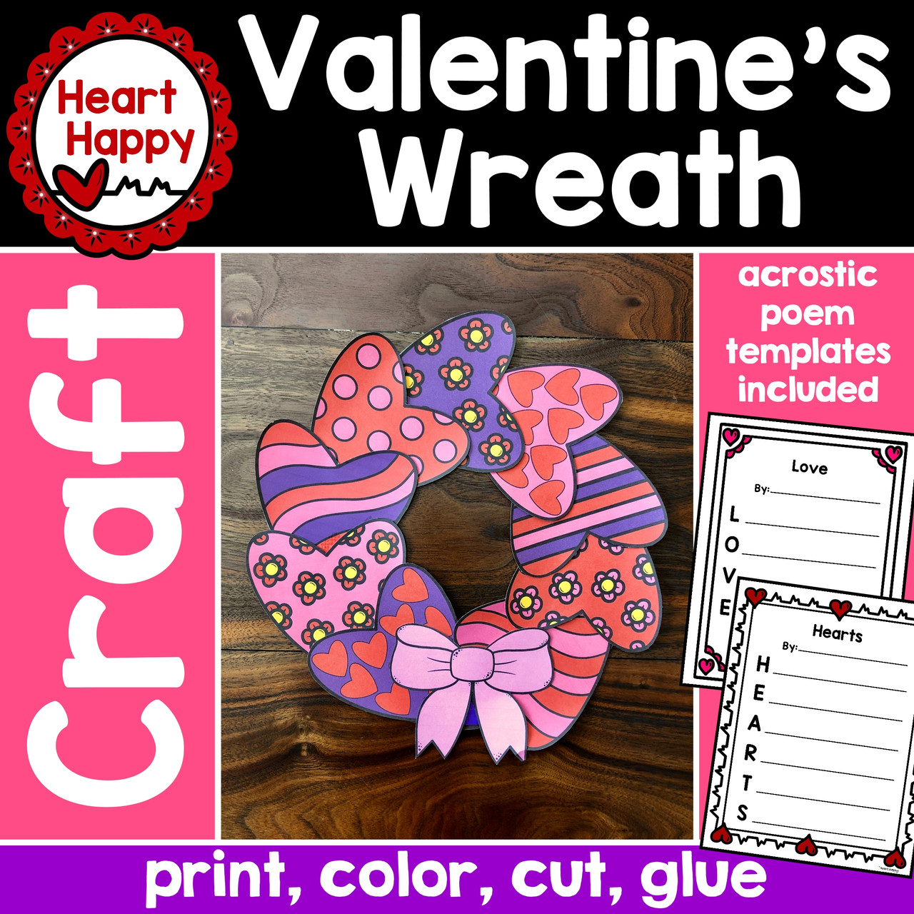 Valentines heart wreath craft with acrostic poem templates