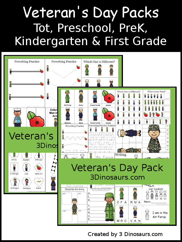 Free veterans day pack for tot preschool kindergarten dinosaurs