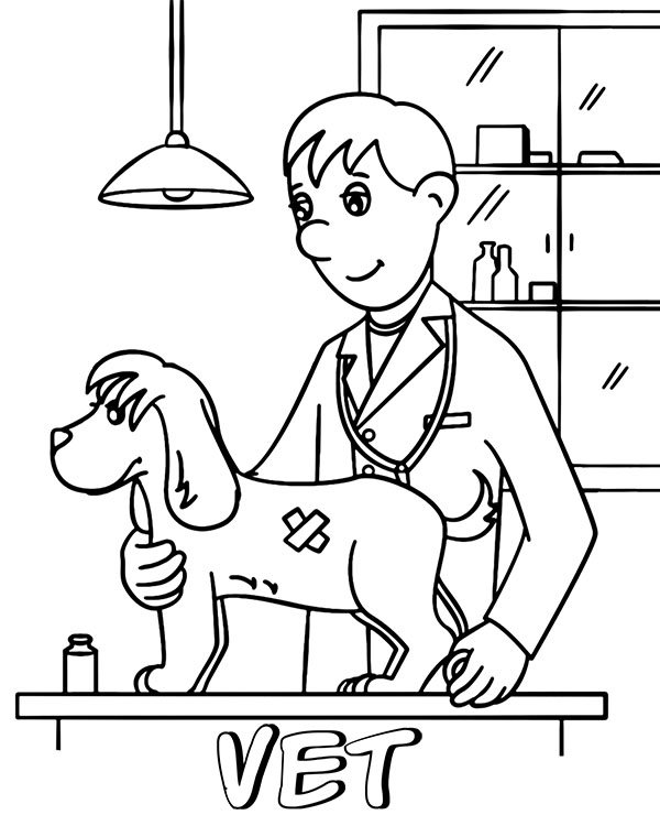 Vet examines a dog coloring page printable picture