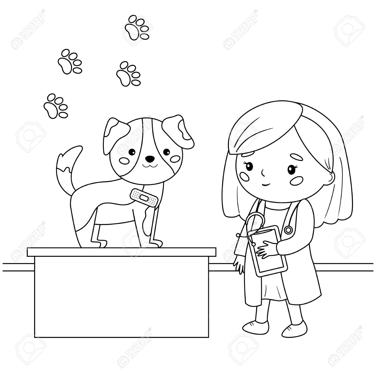 Cartoon kawaii veterinarian and dog with patch bandage coloring page for kids educational game for preschoolers royalty free svg cliparts vectors and stock illustration image