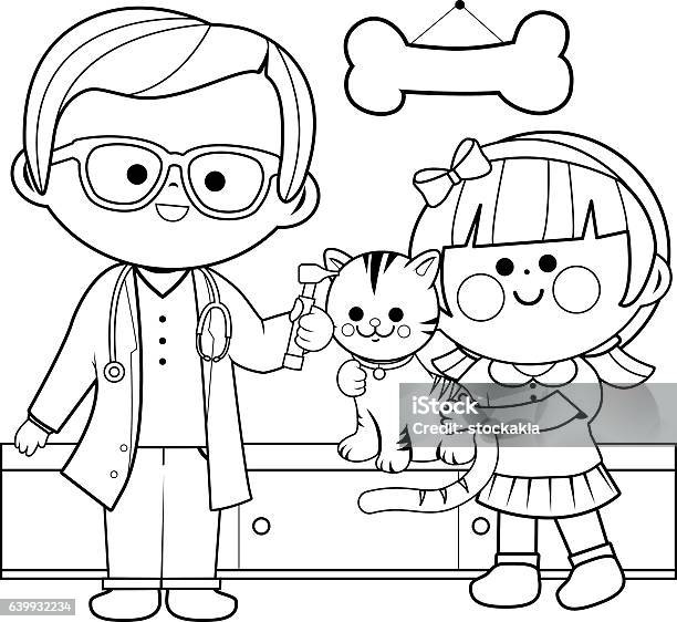 Veterinarian examining a cat coloring book page stock illustration