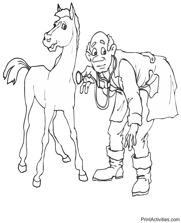 Vet coloring page examining a horse