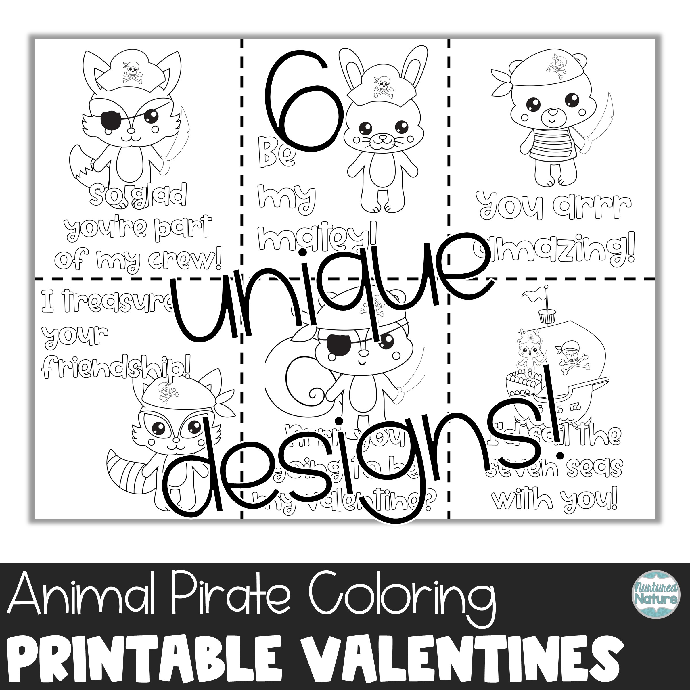 Animal pirates coloring valentines day cards for students made by teachers