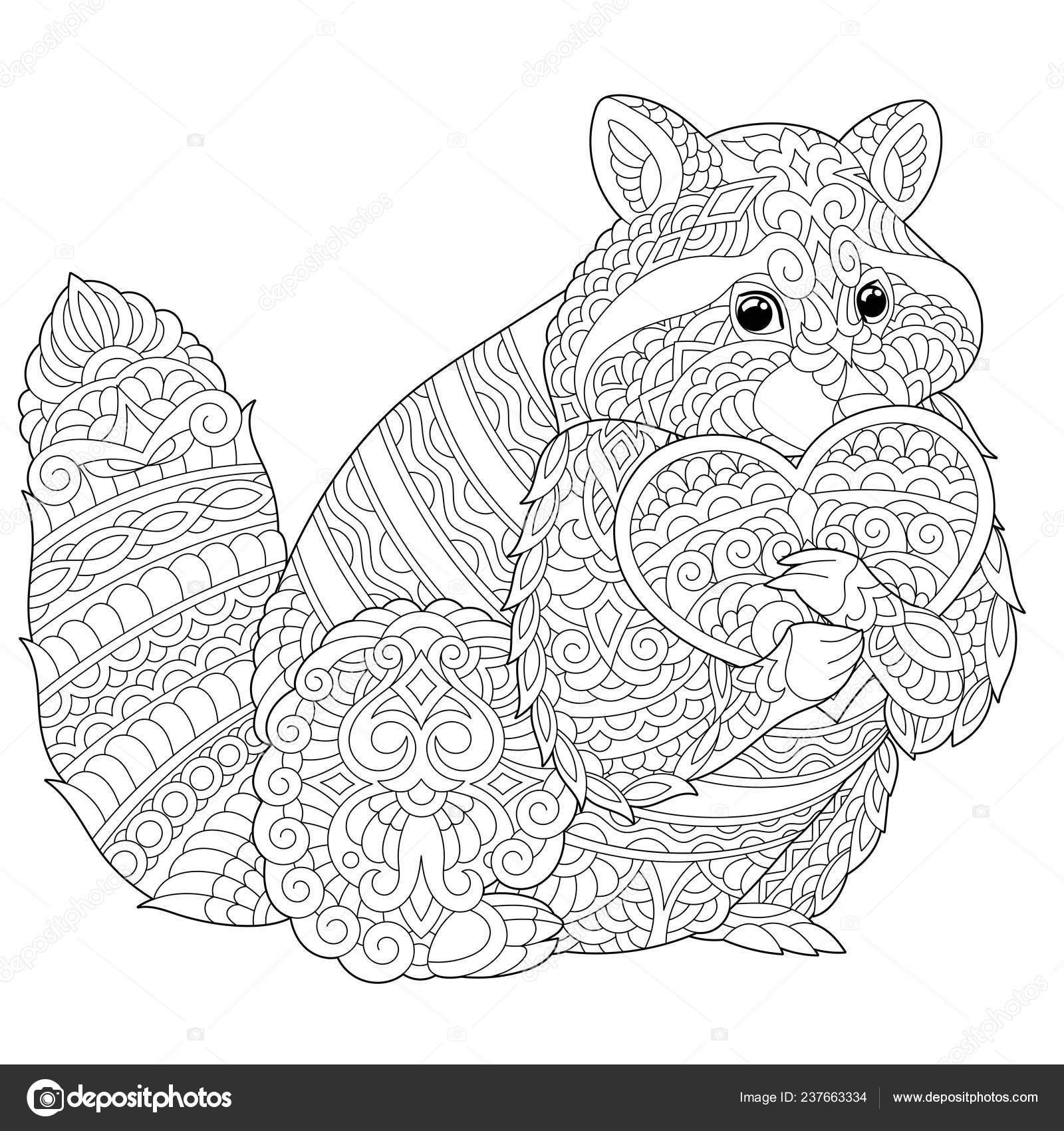 Coloring page lovely raccoon heart valentines day card stress colouring stock vector by sybirko