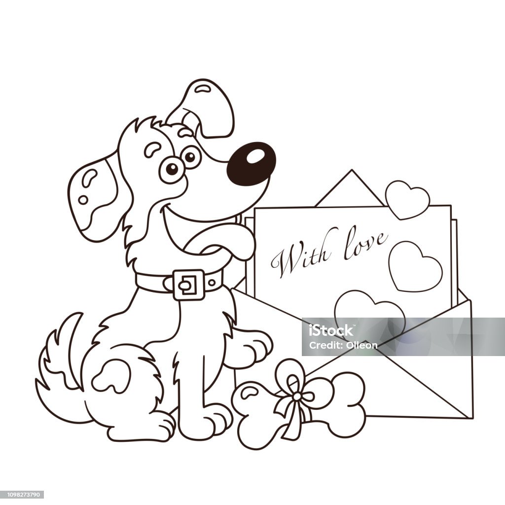 Coloring page outline of cartoon dog with letter greeting card birthday valentines day coloring book for kids stock illustration