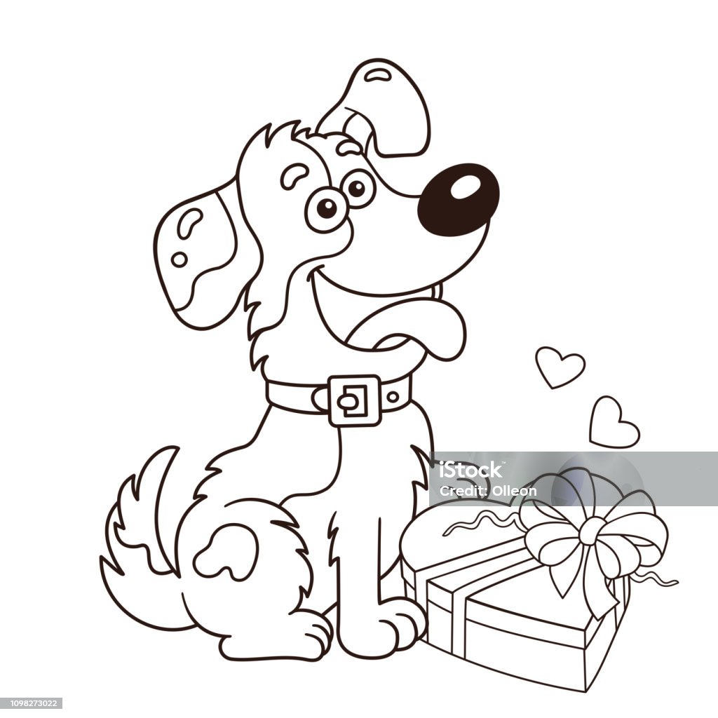 Coloring page outline of cartoon dog with gift greeting card birthday valentines day coloring book for kids stock illustration