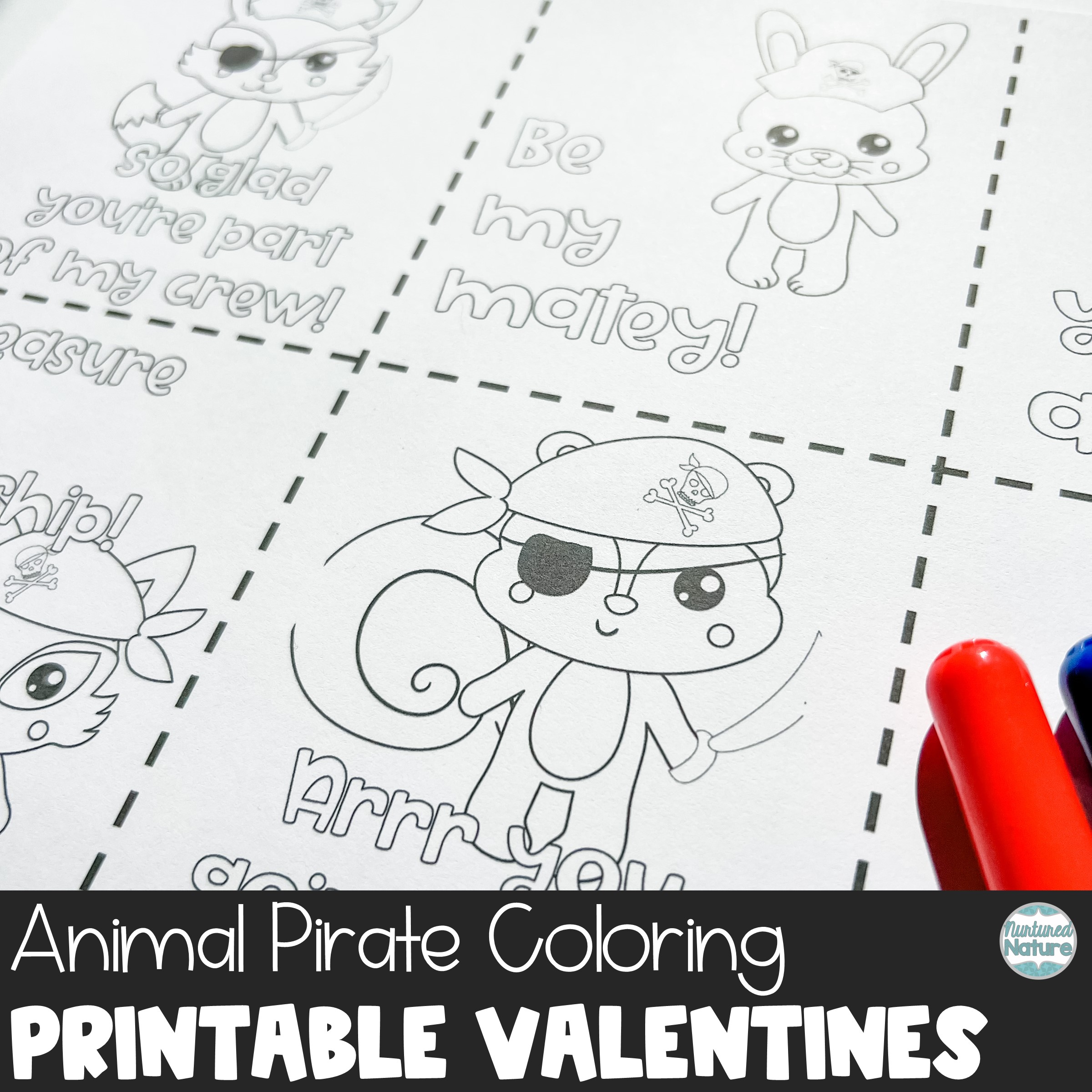 Animal pirates coloring valentines day cards for students made by teachers