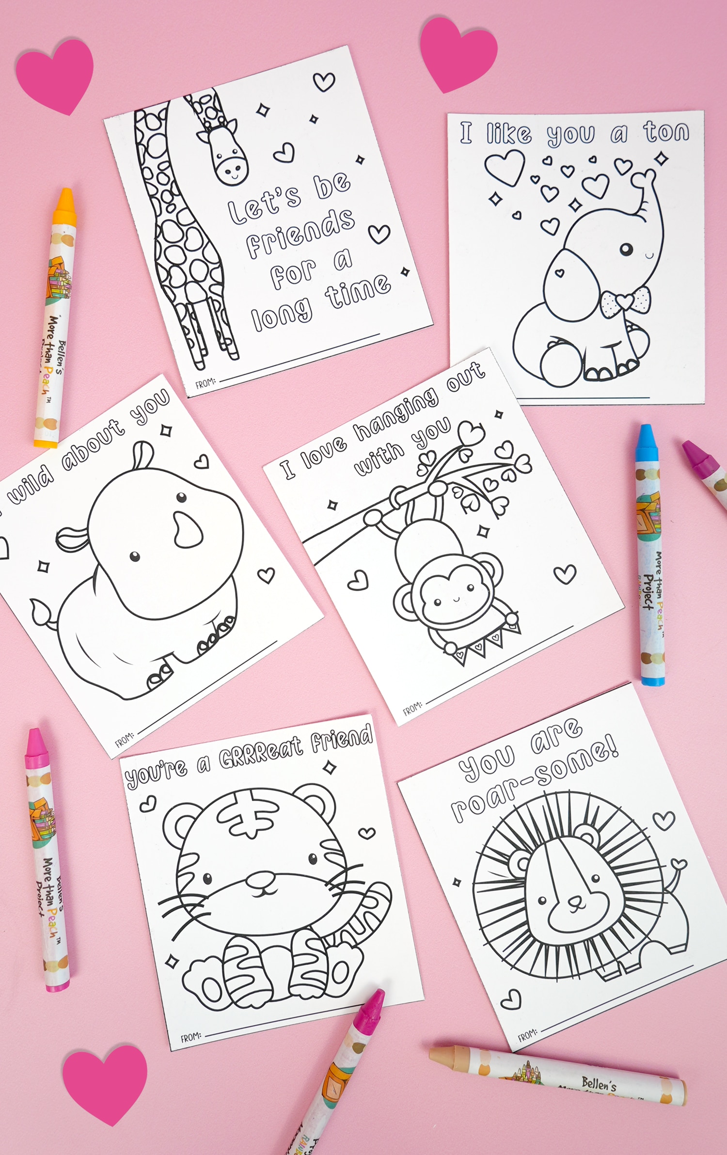 Jungle animal coloring valentine cards