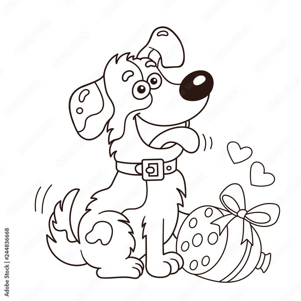 Coloring page outline of cartoon dog with sausage greeting card birthday valentines day coloring book for kids vector