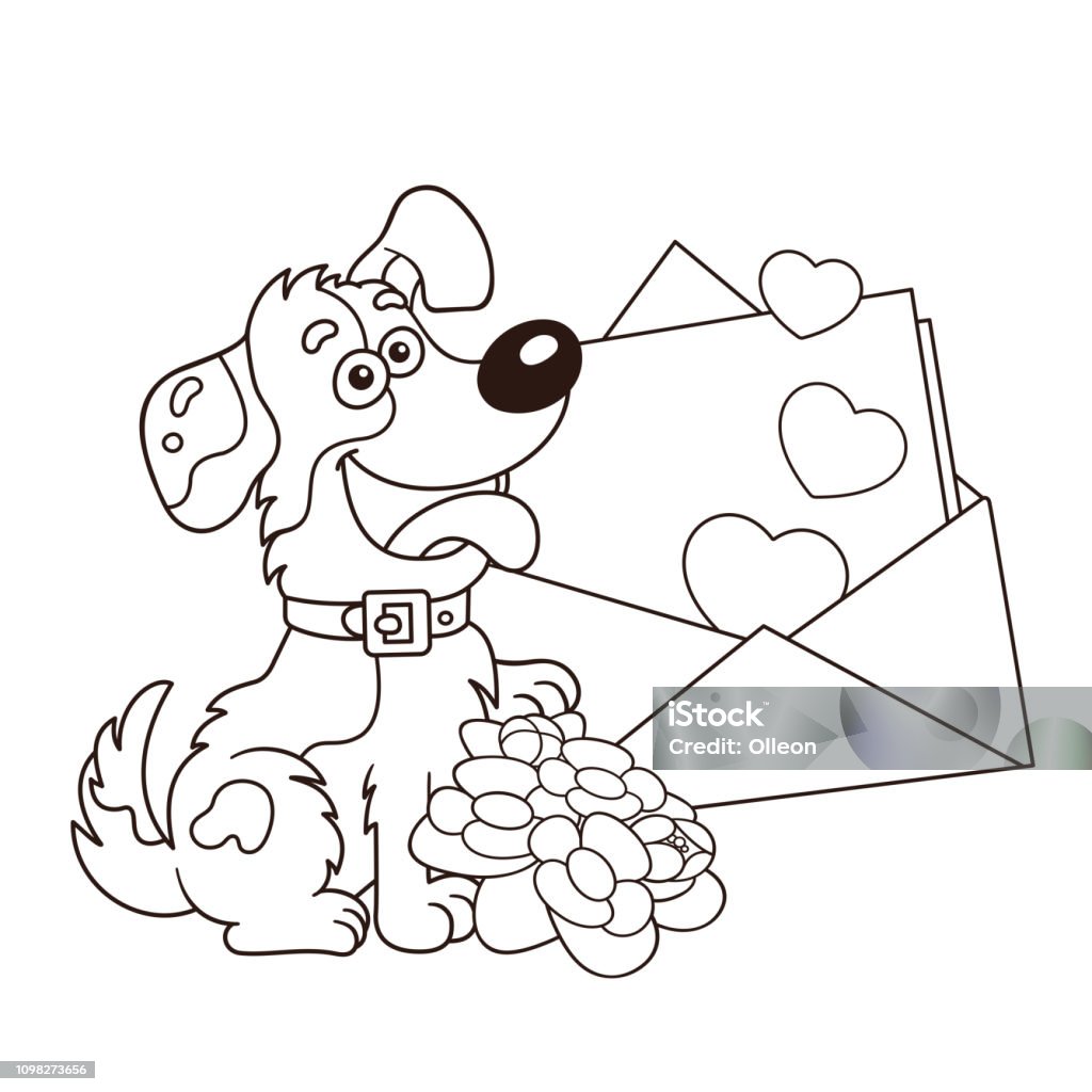 Coloring page outline of cartoon dog with flowers and letter greeting card birthday valentines day coloring book for kids stock illustration