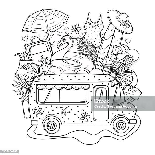 Summer coloring book travel to the sea by bus coloring book for adults vector set the objects are isolated stock illustration