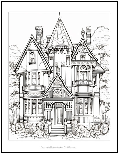 Victorian house with trees coloring page print it free