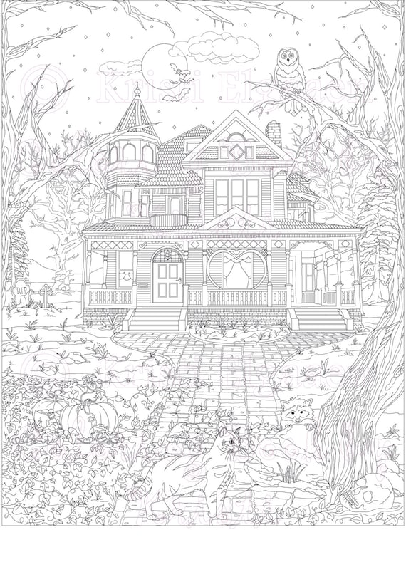 Little witches and wild things adult coloring page digital download coloring pages haunted victorian house coloring book