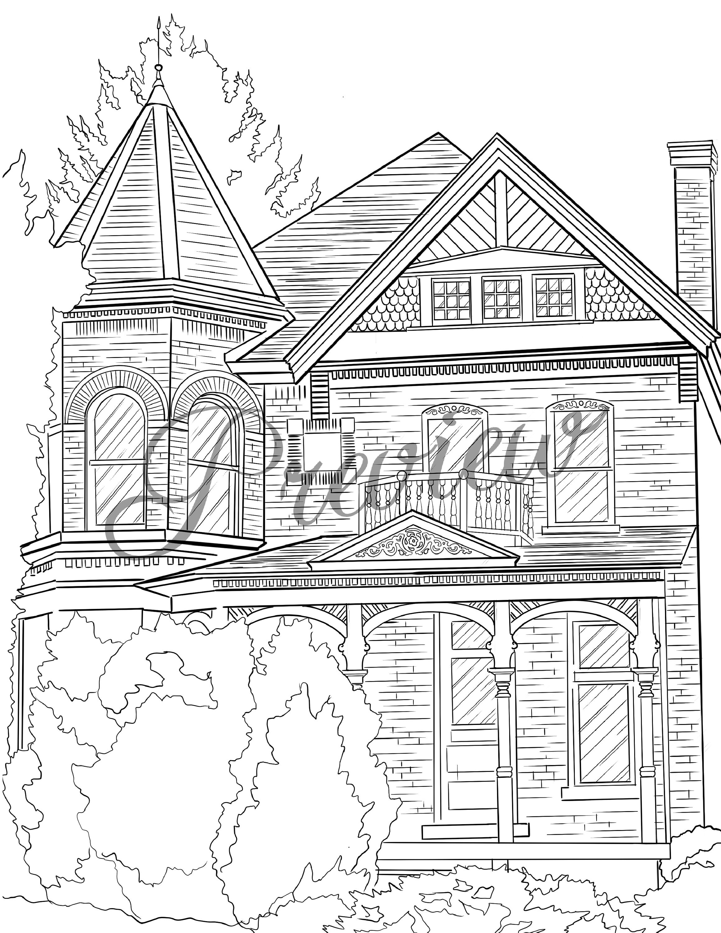 Adult coloring pages victorian house coloring pages classic architecture printable digital download pages instant download