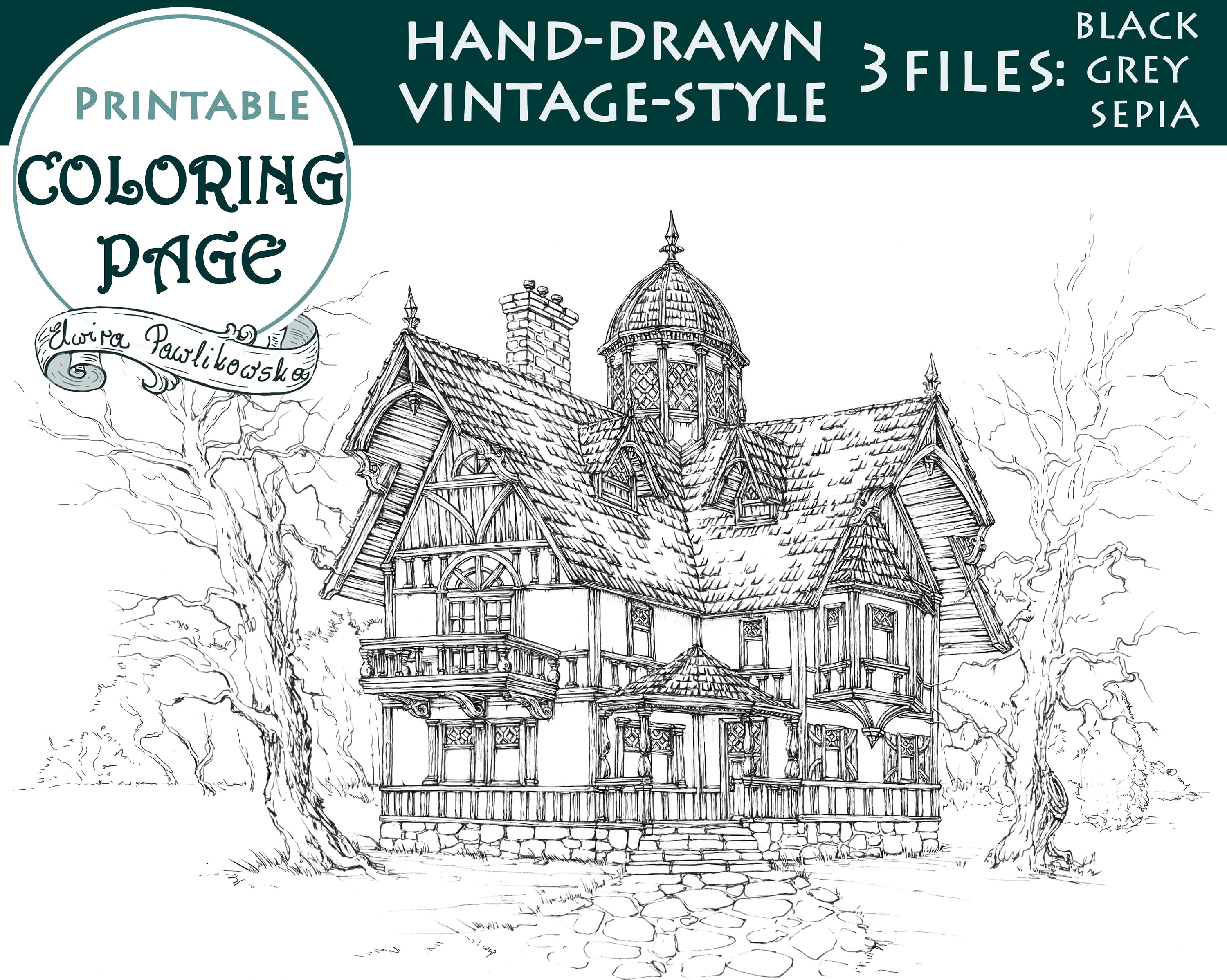 Printable coloring page victorian mansion a size detailed hand