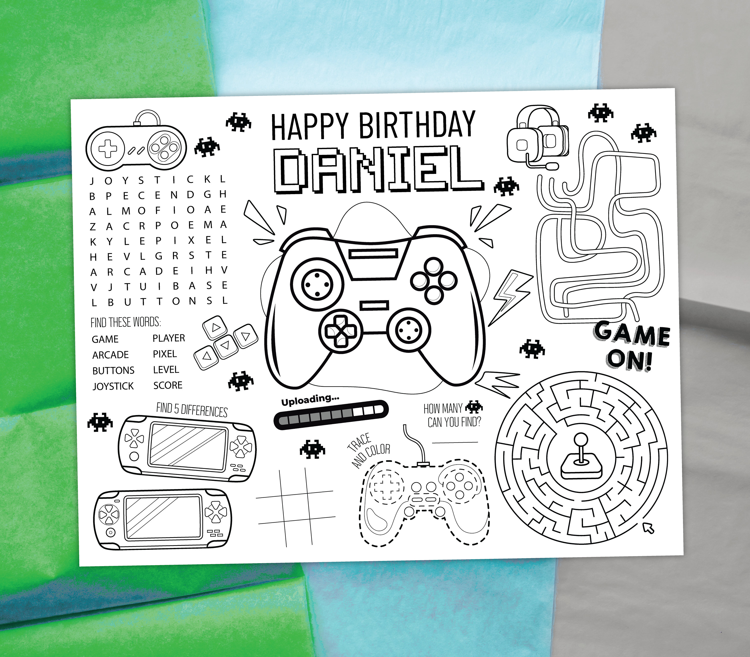 Video game coloring placemat digital player party activity kids coloring page editable printable file download a