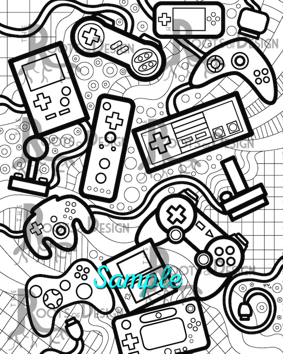 Instant download coloring page video game controllers zentangle inspired doodle art gamer printable