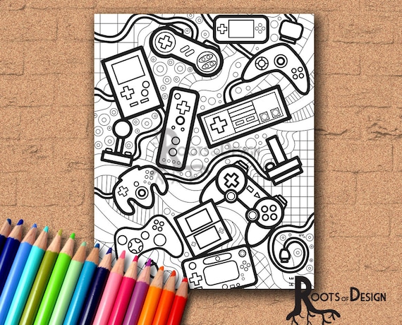 Instant download coloring page video game controllers zentangle inspired doodle art gamer printable