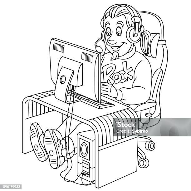 Coloring page of cartoon gamer or puter programmer stock illustration