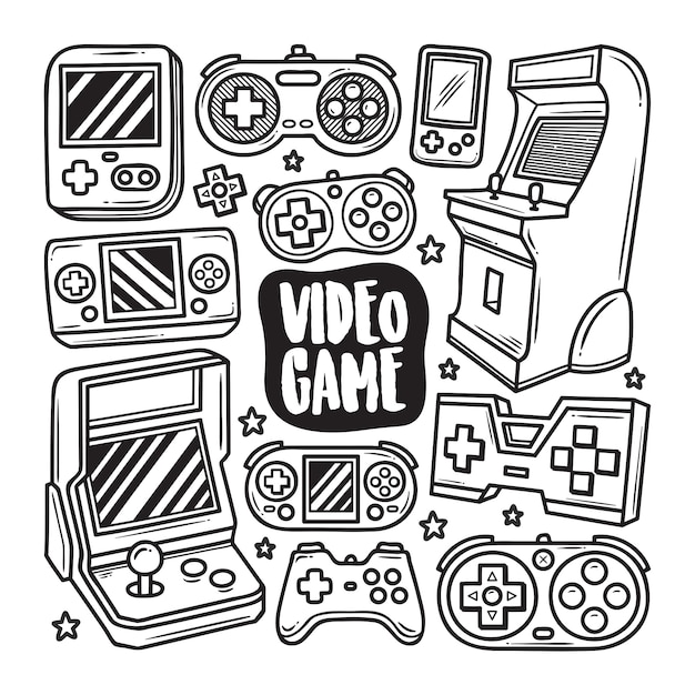 Premium vector video game icons hand drawn doodle coloring