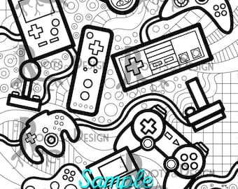 Instant download coloring page video game controllers zentangle inspired doodle art gamer printable