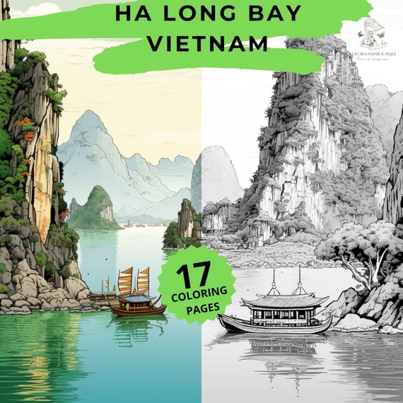 Ha long bay vietnam greyscale coloring bookprintable adult coloring pagedownload greyscale images to color