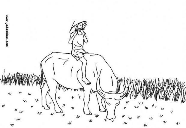 Flutist on a cow in vietnam coloring pages
