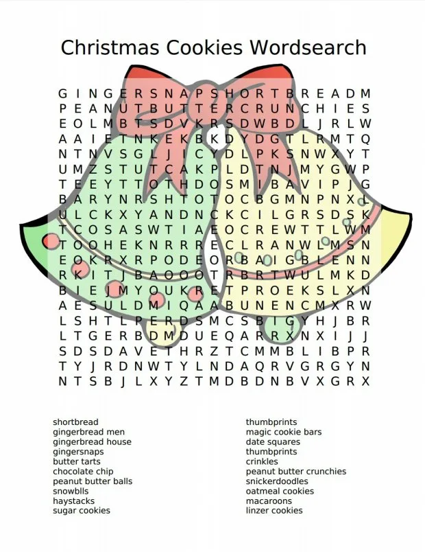 Christmas printables cookies wordsearch coloring sheet