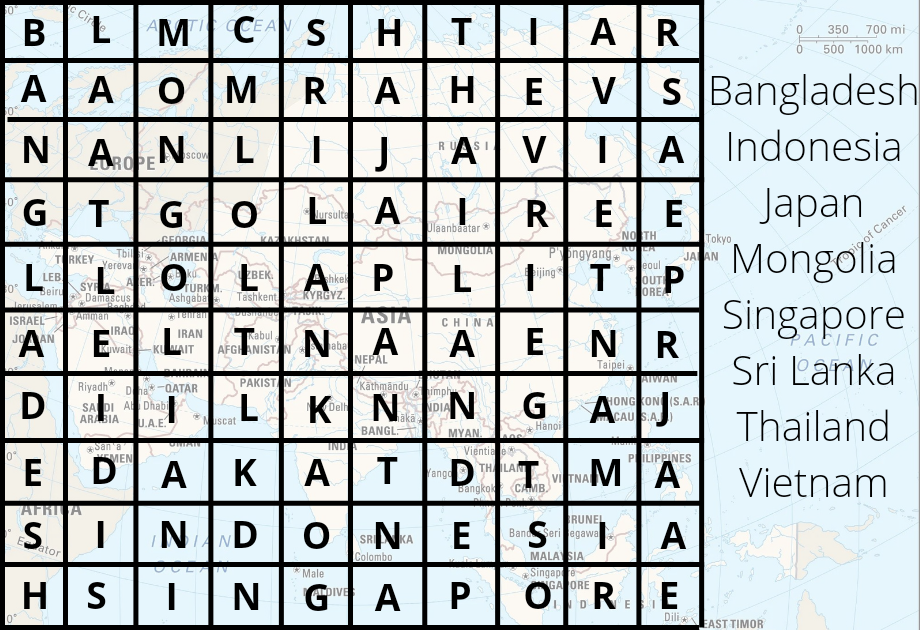 Word search countries of asia quiz