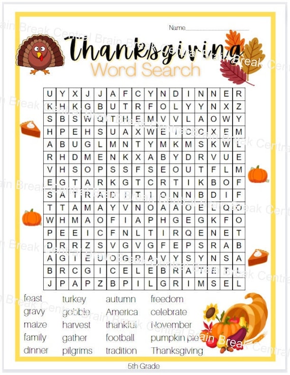 Th grade thanksgiving word search with answer key printable