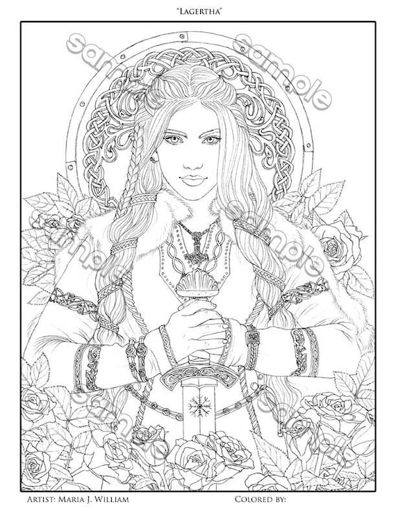 Lagertha legendary viking shield maiden warrior fantasy portrait coloring page by maria j william instant pdf download download now