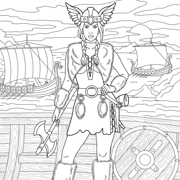 Coloring page with ancient viking warrior stock vector by sybirko