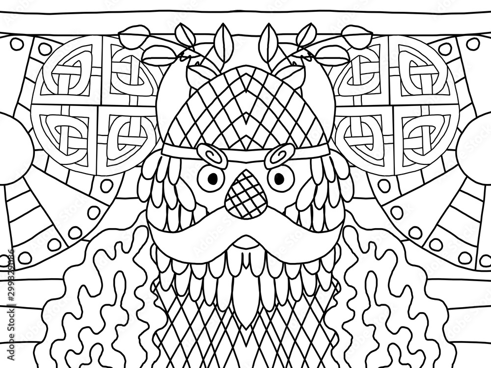 Serious cartoon viking coloring book page old man with beard and mustache with horned helmet fur and shield and pattern on background portrait detailed elegance coloring page for adults and kids