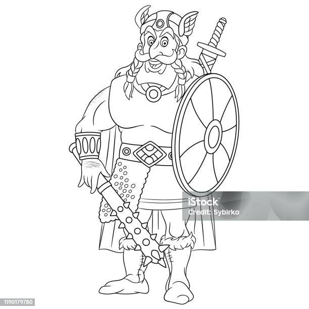 Coloring page of cartoon ancient viking warrior stock illustration