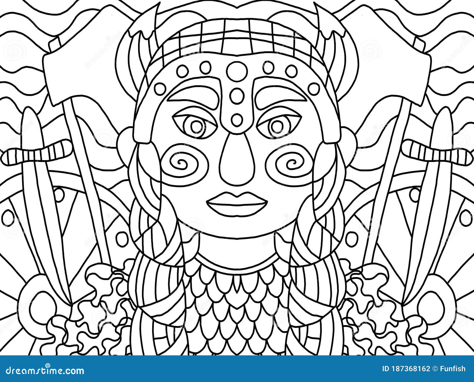 Woman viking warrior in armor coloring page for kids and adults stock illustration