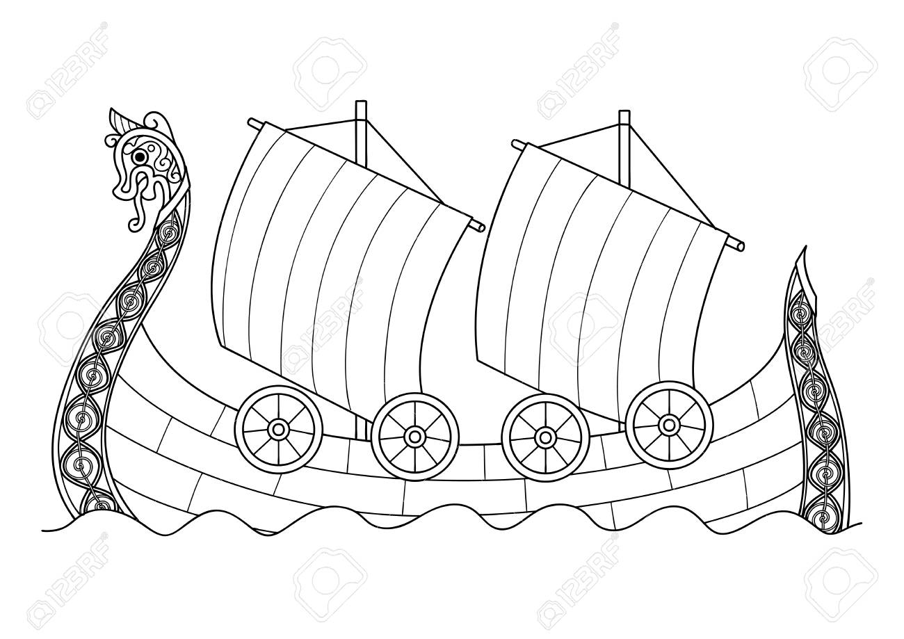 Hand drawn viking ship for coloring book page for both adult and kids vector illustration royalty free svg cliparts vectors and stock illustration image