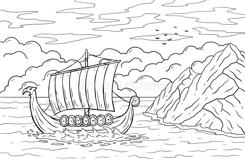 Viking boat at sea nordic drakkar swedish warship longship with oars cartoon scandinavian sailboat for coloring book stock vector