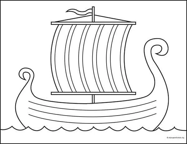 Easy how to draw a viking ship tutorial and coloring page