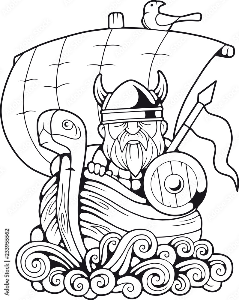 Cartoon funny viking floating on the ship coloring book vector