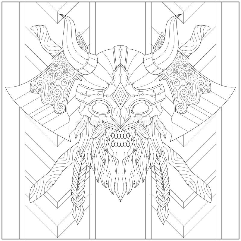 Amazing viking chieftain skull with beard and axe learning and education coloring page illustration for adults and children outl stock vector