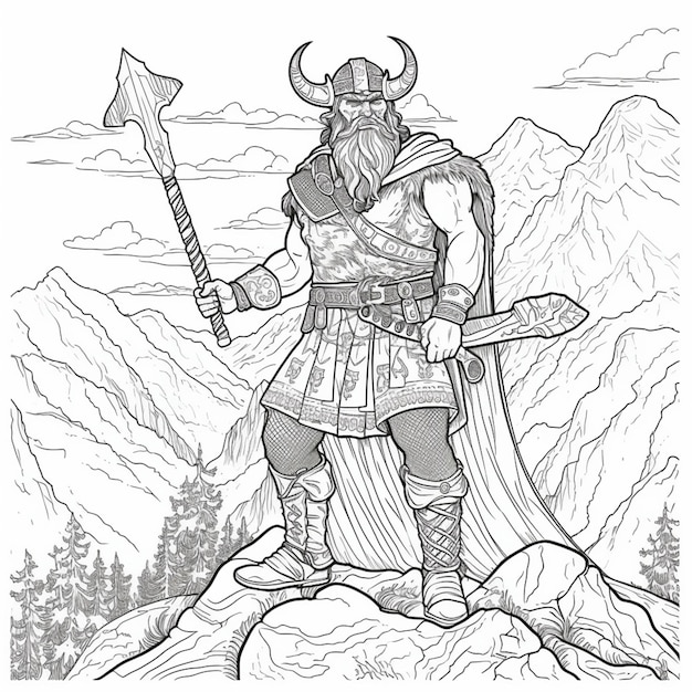 Premium ai image a coloring page of a viking with a large axe and a helmet generative ai