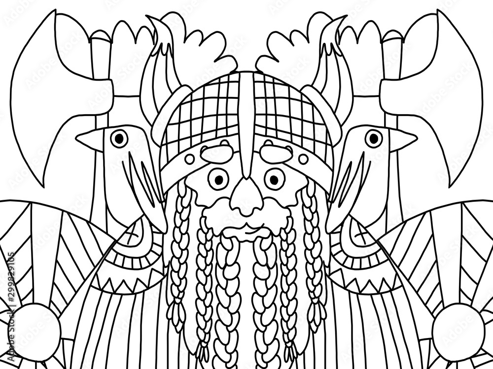 Viking warrior man coloring book page for adults and kids simple black and white outline illustrtion viking with long beard pigtails horned helmet ravens shells axes one of a series illustration